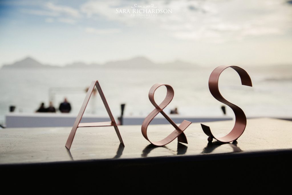 bride & grooms initials at a modern wedding in Cabo