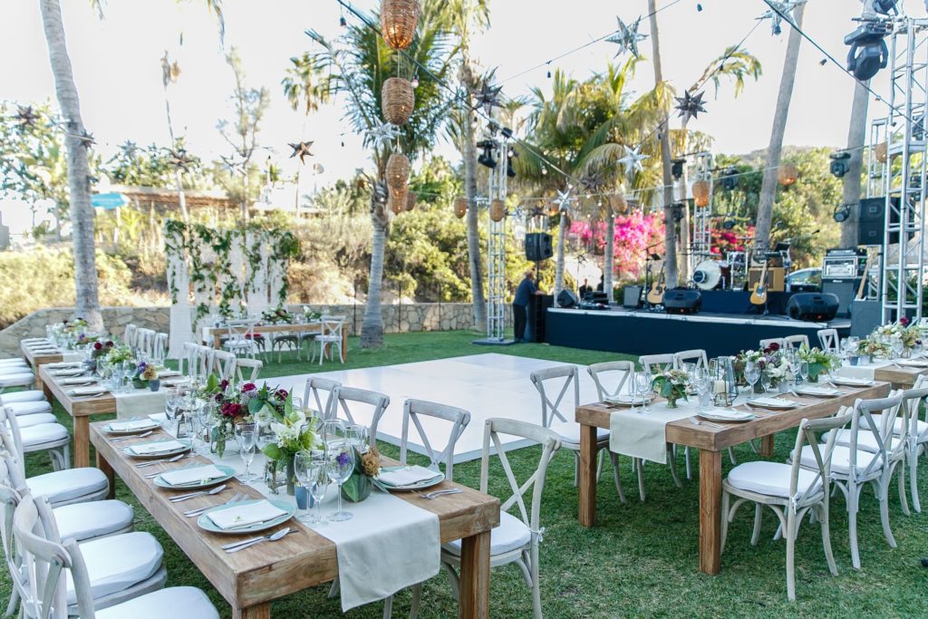 Cabo beach wedding reception on grassy inland area