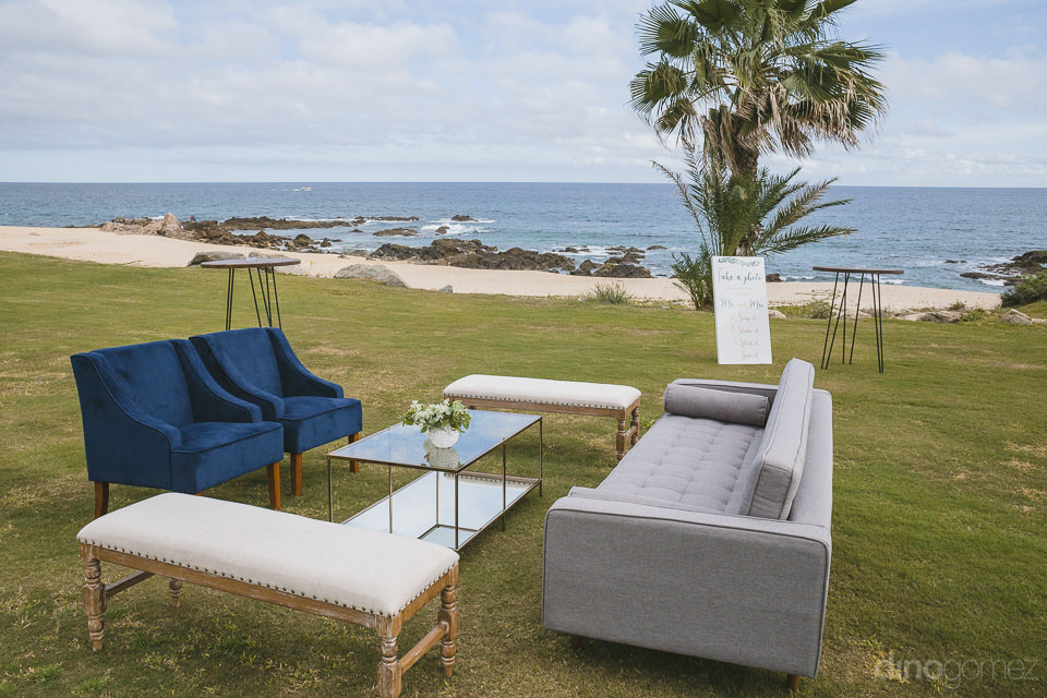 comfy indoor furniture set outdoors at Cabo del Sol wedding