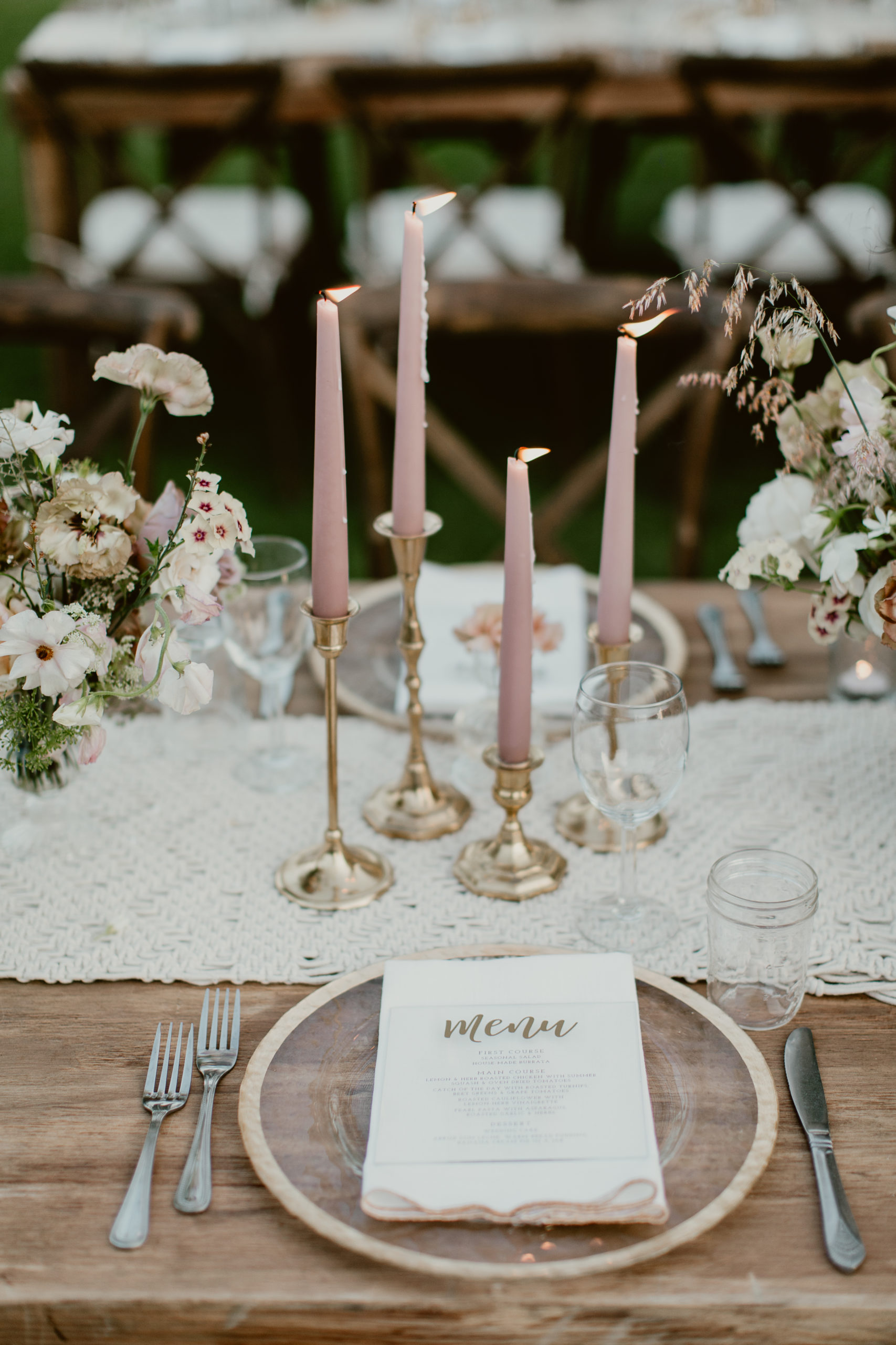 beautiful table settings at June wedding at Flora Farms