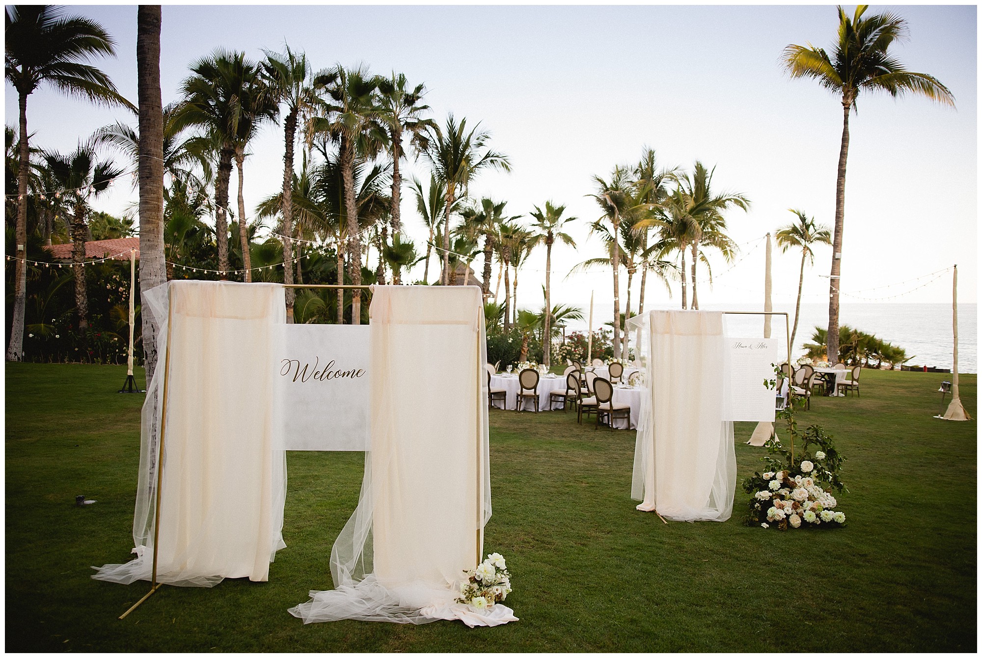 a chic, white welcome area at One&Only Palmilla wedding