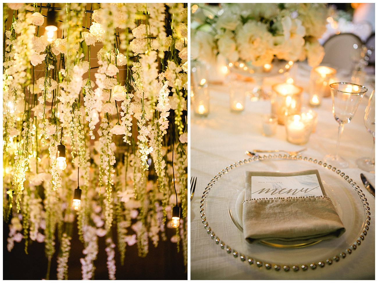 hanging flowers and delicate table settings at white floral theme for a wedding at JW Marriott San Jose del Cabo